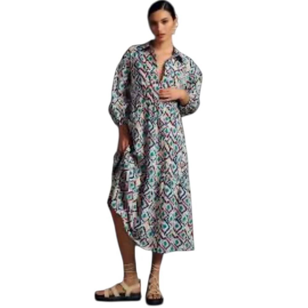 Anthropologie Geometric Print Maxi Dress in White, Teal, Black